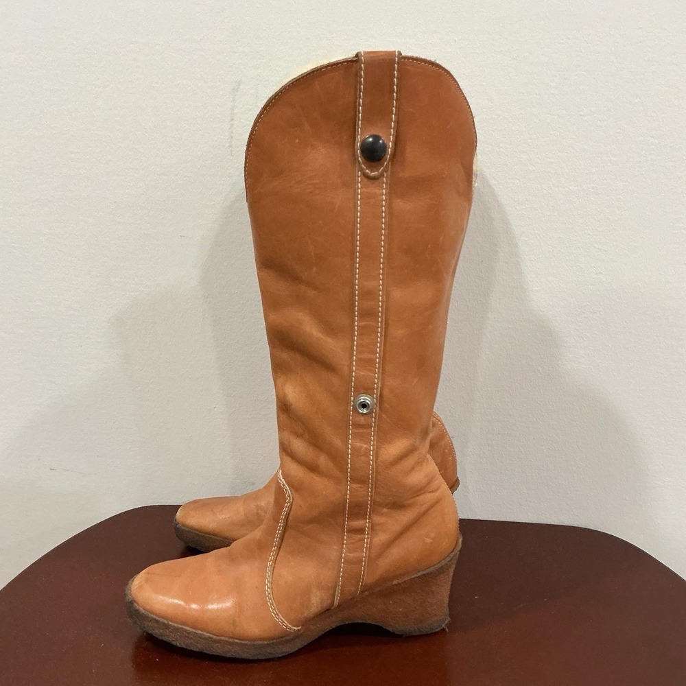 Vintage 1970s Joyce California Womens Leather Cognac Boots Sherpa Fold Down 7.5